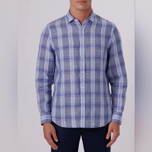 Bugatchi Julian Plaid Check Linen Shirt BS5276L4S Denim Blue Mens Sz Med - Picture 10 of 11